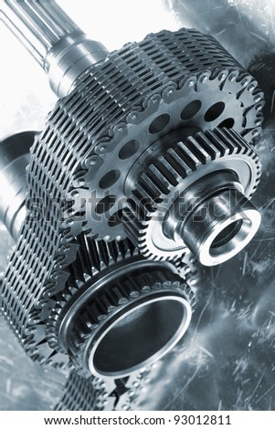 gears and wheels used in the aerospace industry, timing chain, blue toning concept