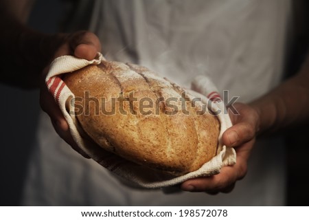 Baker man holding a warm bread