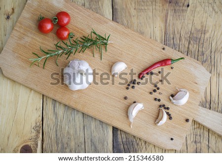 Food ingredients on a wooden table. View from above