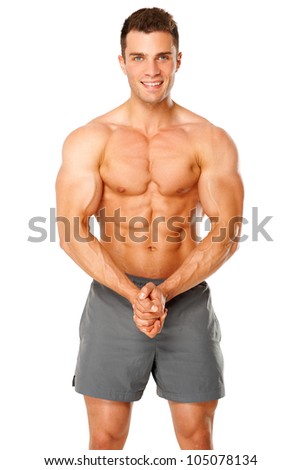 Sporty and healthy muscular man isolated on white background
