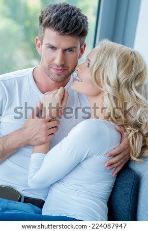 Close up Middle Age Romantic Lovers in White Tops Photo Shoot Inside Home.