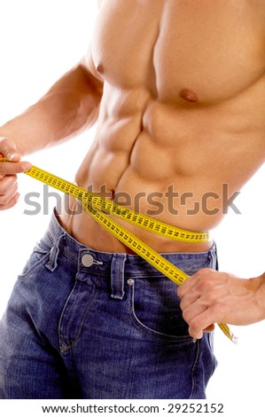 Muscular and tanned male body parts is being measured