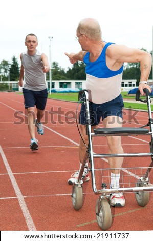Young athlete reaching for a disabled athlete to pass him the baton. Caricature picture to illustrate helping, giving, disability, ability, getting older, not wanna quit.