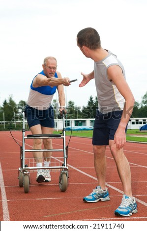 Disabled person reaching for an other athlete to pass him the baton. Caricature picture to illustrate helping, giving, disability, ability, getting older, not wanna quit.