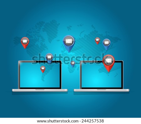 laptop computers email network communication illustration design over a blue background