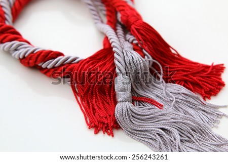grey and red ropes with tassel isolated on white