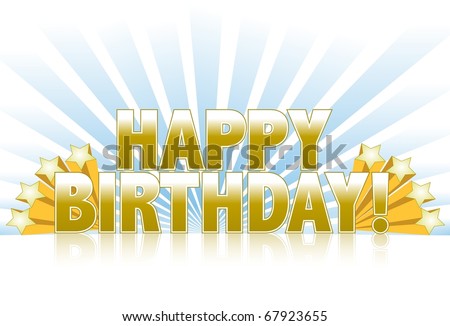 Happy birthday logo sign with golden stars and rays of light