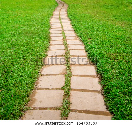 Stone block walk path in the park with green grass background