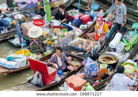 AMPAWA SAMUTSONGKRAM,THAILAND - April 19, 2014: Most famous floating market in Thailand have variety of Thai Traditional Food