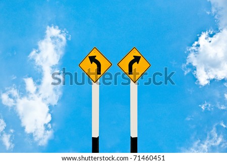The Direction sign turn left and turn right isolated on sky background