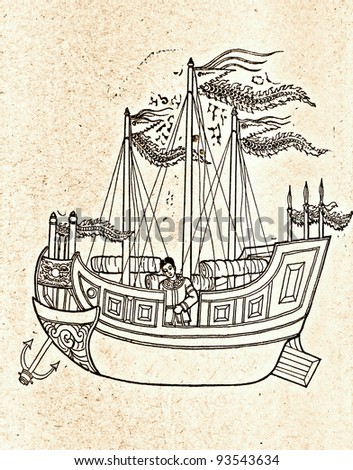 The Vintage paper with  red Line designed about traditional ancient boat.  This is traditional and generic style in Thailand. No any trademark or restrict matter in this photo