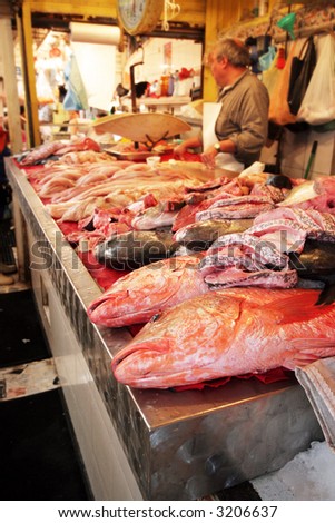 A counter of fresh fish at a mexican market.