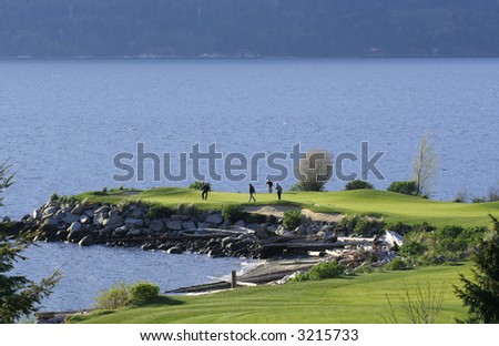 A group of golfers on a green by the sea.