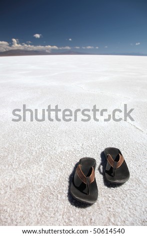 A pair of sandals sitting ona huge salt flat
