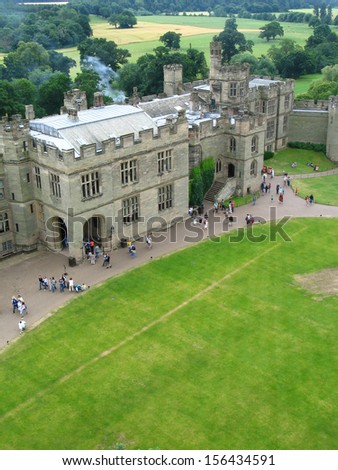 View of old Warwick castle from tower with isolated sky