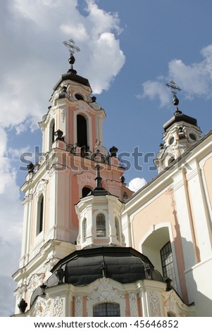 St. Catherine\'s Church in Vilnius (Lithuania). building is in the baroque style with the rococo-style decorations.