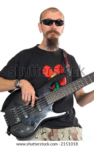 Musician bass player with five string electric double ball headless bass isolated on white