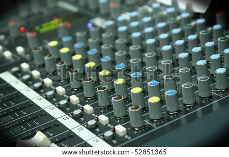 Detail of the controls of an Audio Mixing Console