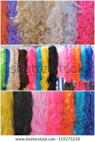Collage fancy wigs of different colors of synthetic materials