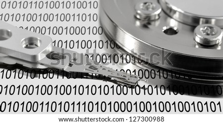Close up of opened hard disk drive, data saving concept
