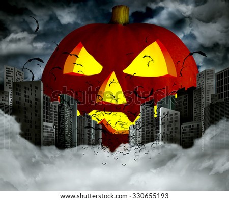 Invasion of the giant Halloween pumpkin and flocks of bats sleep in the night city