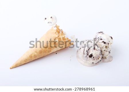 homemade cookie and cream ice cream scoop drop melt on white background