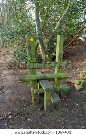 A stile used for climbing over fences located in some woods