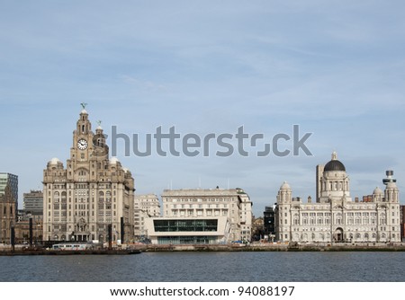 Waterfront of Liverpool showing the liver building and the Port of Liverpool building
