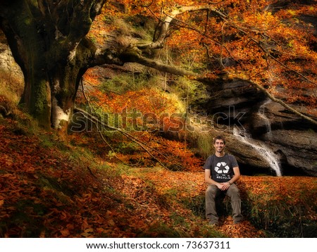 Environmentaly friendly Autumn scene, man with a recycle t shirt