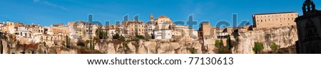 Panoramic photo of the houses on the cliff in the historical city of Cuenca which is a Unesco protected site in Spain