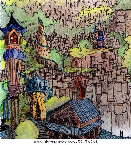 Hand drawing of two people entering a strange village hidden in a mountain valley.
