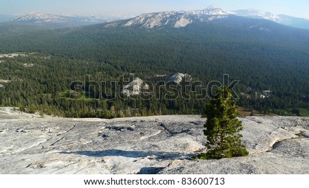 Mountain top and meadows below, atop Lembert Dome, at Tuolumne Meadows, Yosemite National Park, California