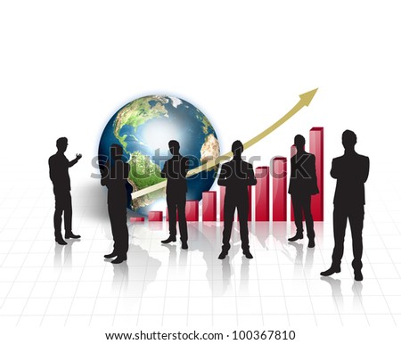 Silhouettes of business on world map  with red graph and earth  (Elements of this image furnished by NASA)