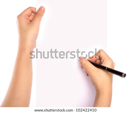 Hands with pen over paper isolated on white background