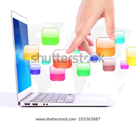 Female hands writing on laptop with colorful application icons