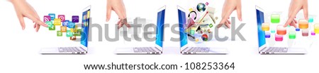Collection of Female hands writing on laptop with application icons