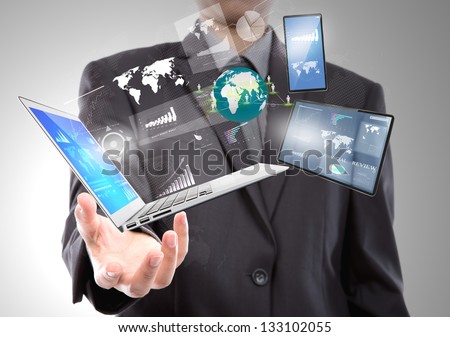 Businessman with laptop,mobile phone,touch screen device