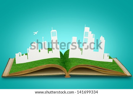 Paper cut of cities with plane on Fresh spring green grass of book