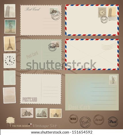 Vector set Vintage postcard designs envelopes and stamps Vector set Vintage postcard designs envelopes and stamps