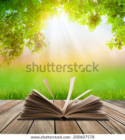 Open book on wood floor with green grass and leaf