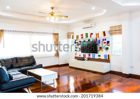Modern room with TV and Flags for soccer championship 2014
