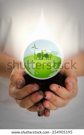 Woman hands hold water drop of eco friendly earth