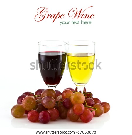 A glass of white wine, red wine and grapes on white background.
