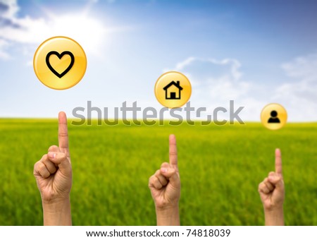 Hand pointing to heart icon,house icon and people icon