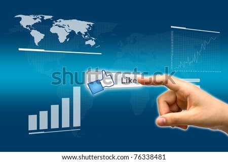 Business hand pushing a Like button on a touch screen interface