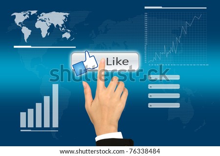 Business hand pushing a Like button on a touch screen interface