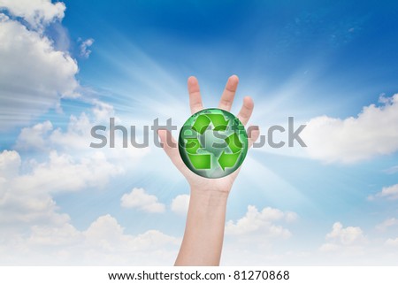 Eco concept : Earth in hands over blue sky