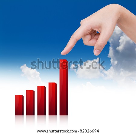 Woman\'s hand points up the growing graph against the sky