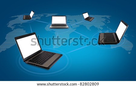 Several laptop computers connected in a social network