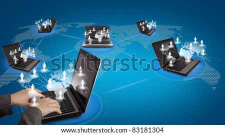 Several laptop computers connected in a social network